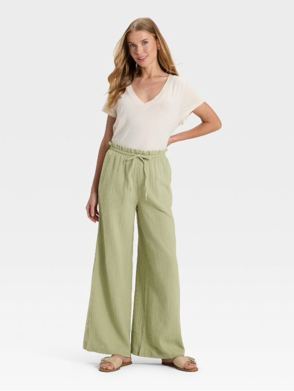 Universal Thread Wide-Leg Drawstring Gauze Cotton Pants in Olive Green Var Sizes - Picture 2 of 11